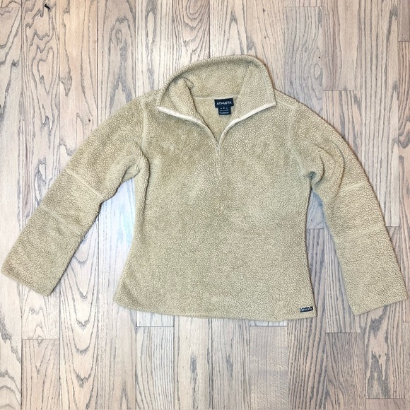 Athleta Women’s Camel Sherpa 1/4 Zip Pullover Fuzzy Warm Sweater Size Medium - Picture 1 of 15